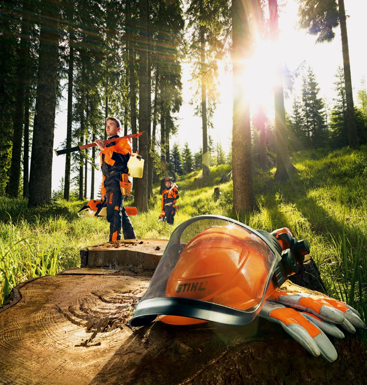 2 jeunes bucherons en forêt avec leur équipement de protection individuelle
