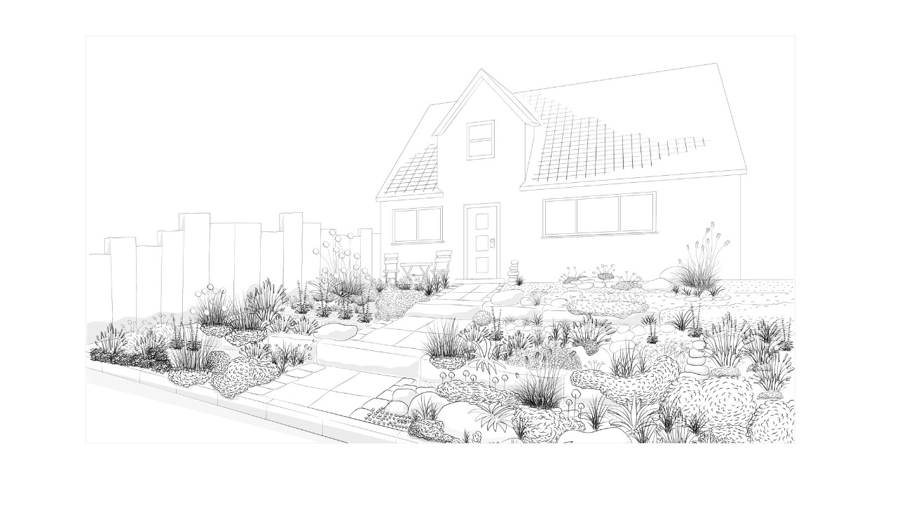 Illustration d'un paysagiste d’un jardin de façade attrayant avec des pierres