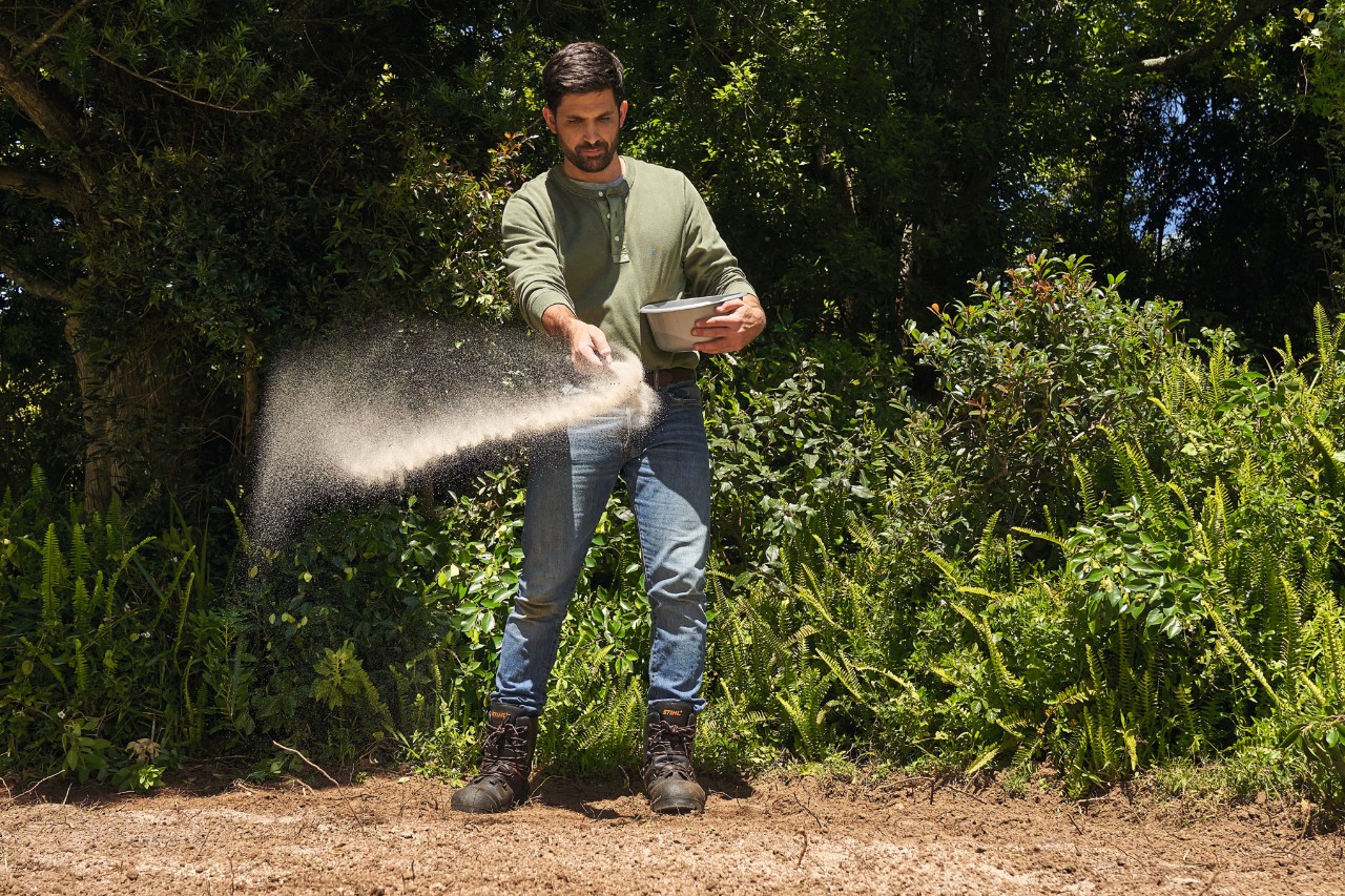 Un homme épand des semences pour une prairie de fleurs sauvages  