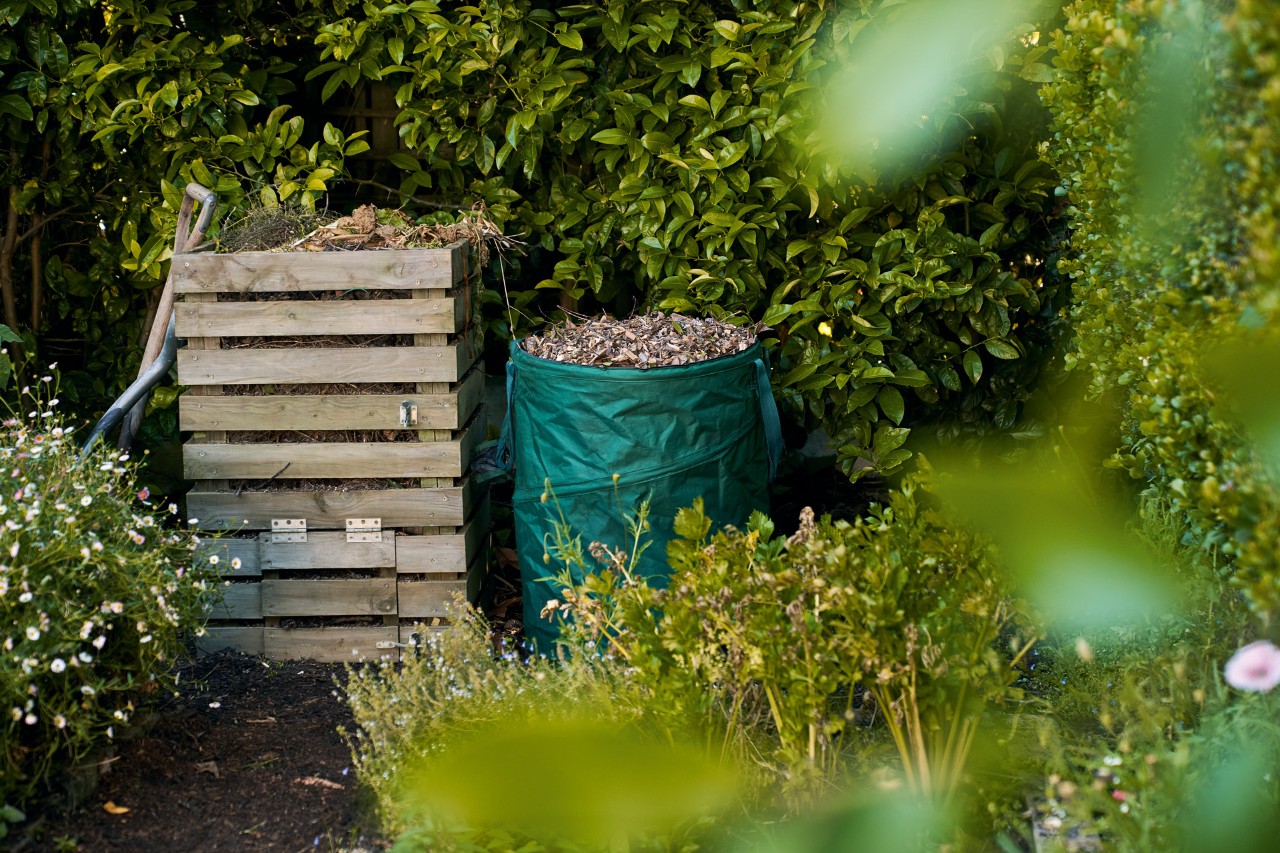 Un composteur en bois à côté d’un sac à déchets végétaux rempli de feuilles mortes