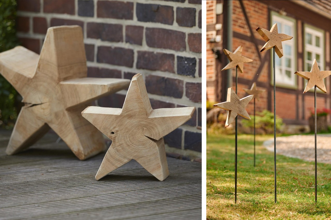 Collage : Étoiles en bois à faire soi-même devant un mur en briques et étoiles montées sur une tige devant une maison
