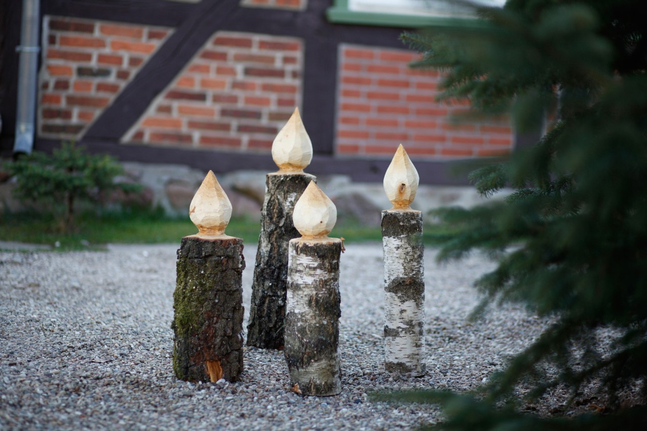 Quatre bougies en bois à faire soi-même à côté d’un sapin de Noël