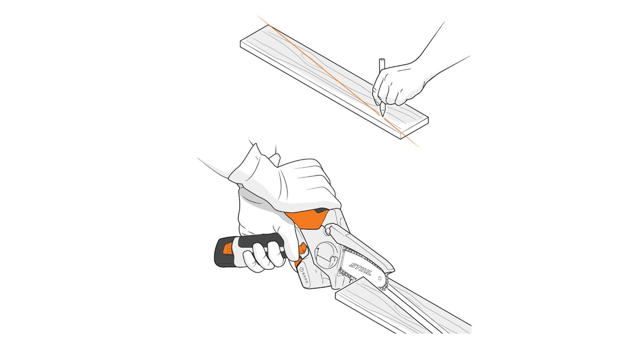 Dessin d'une personne sectionnant une planche en diagonale avec la scie de jardin STIHL GTA 26