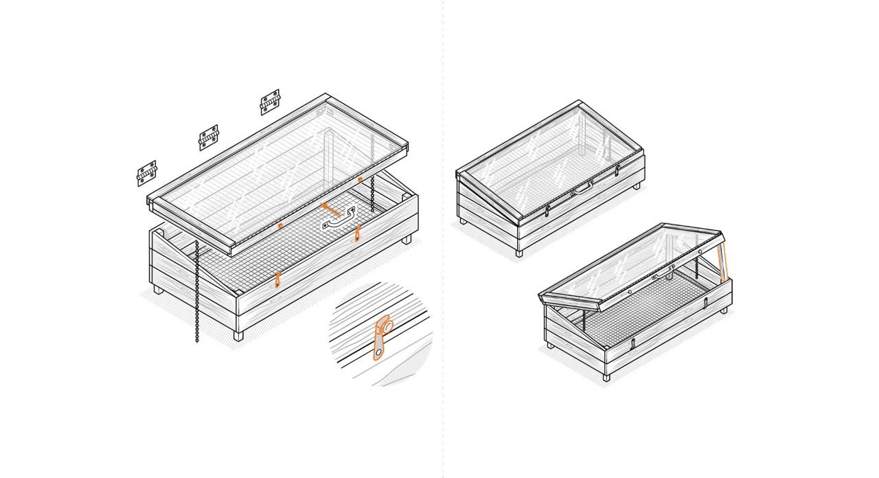 Dessin pour fixer les charnières sur la fenêtre et sur la partie supérieure du châssis serre.