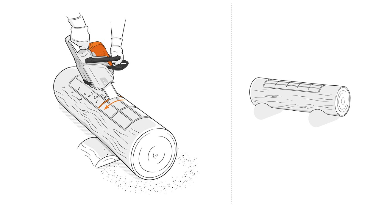 Illustration: Une tronçonneuse est utilisée pour effectuer des coupes sur le dessus d'une bûche afin de construire une jardinière
