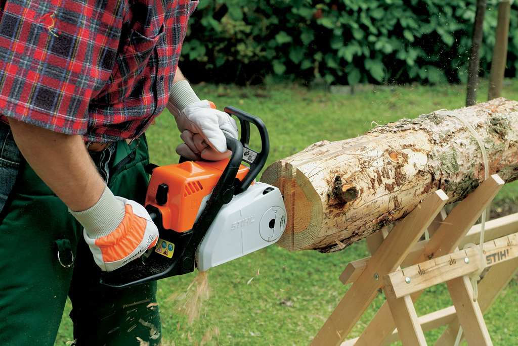 Une pièce plate pour le toit du nichoir en bois, découpée au centre du tronc avec tronçonneuse STIHL