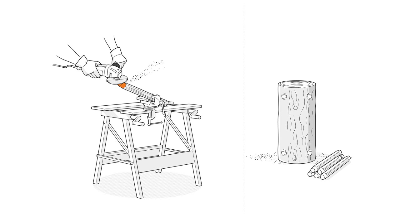 Illustration: Dans un étau, les extrémités des branches sont affûtées avec une meuleuse d'angle