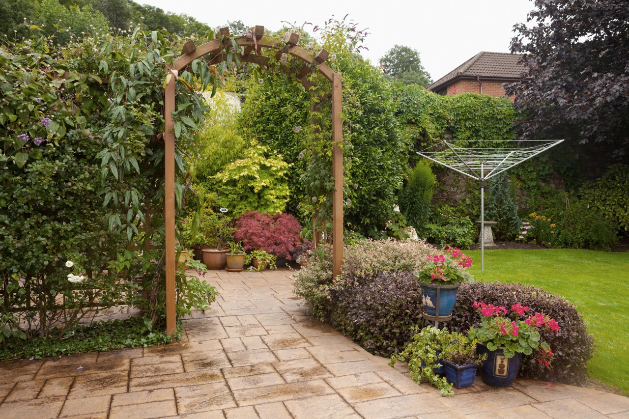 Arche pour rosiers en bois recouverte par la végétation sur une allée de jardin, pelouse avec sèche-linge à côté.