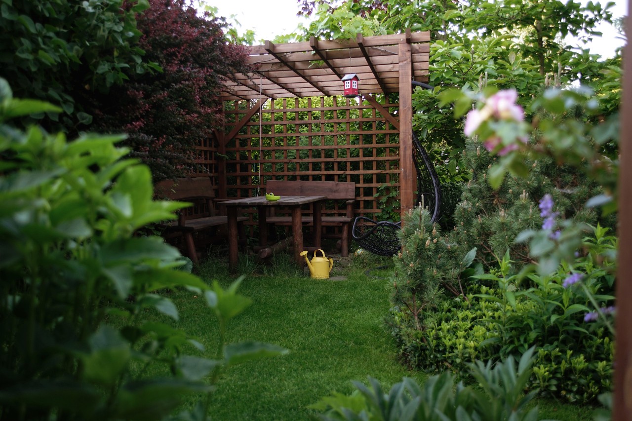 Pergola en treillage bois avec espalier, sous laquelle se trouvent une table de jardin et deux bancs.