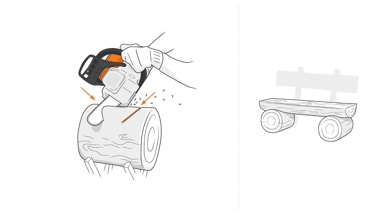 Illustration: Une tronçonneuse STIHL est utilisée pour faire une coupe en forme de V dans le bois
