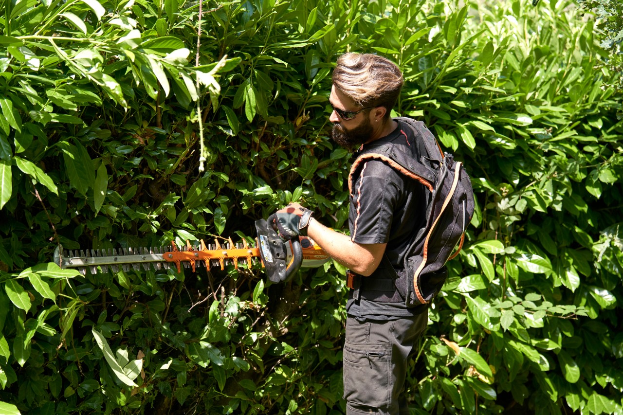 Professionnel avec son équipement de protection taillant une haie avec un taille-haie à batterie STIHL