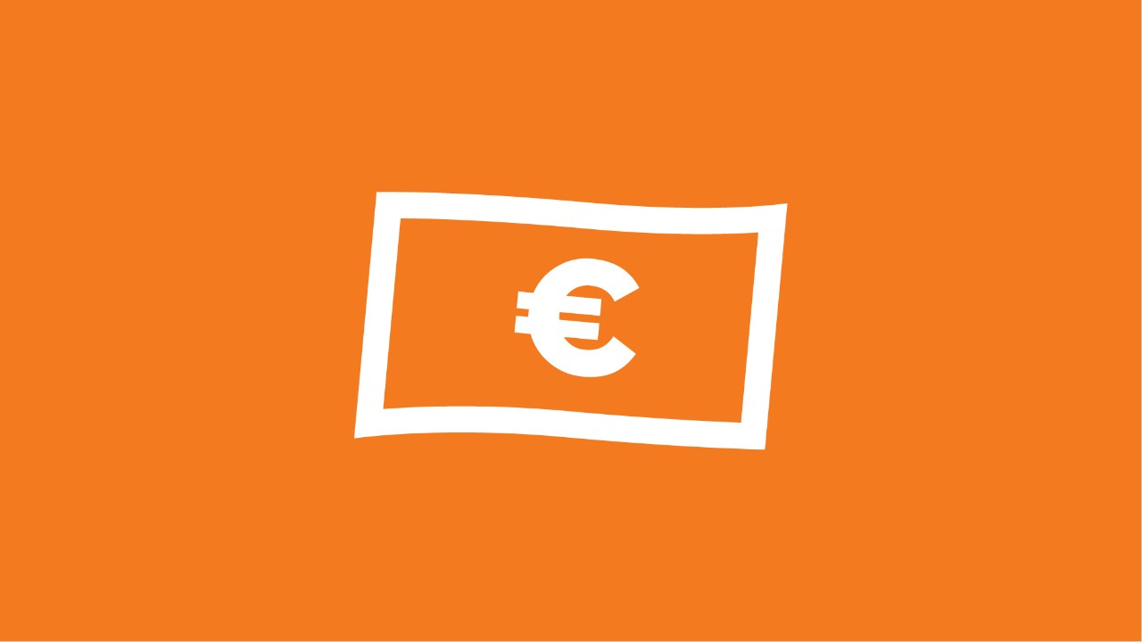 Symbole blanc d’un billet en euro sur fond orange